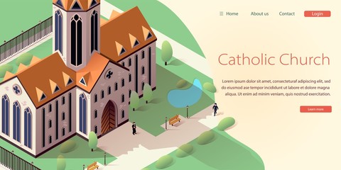 Fototapeta premium Catholic Church Isometric Landing Web Page, Banner. Cathedral Website, Template Homepage. Priest Standing near Ancient Building with Ennobled Territory and Pond. Man Walk Down Street