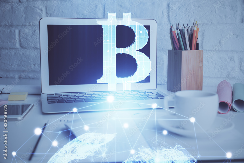 Poster Multi exposure of blockchain and crypto economy theme hologram and table with computer background. Concept of bitcoin cryptocurrency.