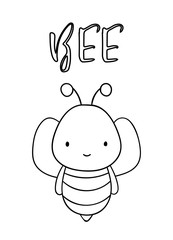 Coloring pages, black and white cute hand drawn bee doodle, lettering bee