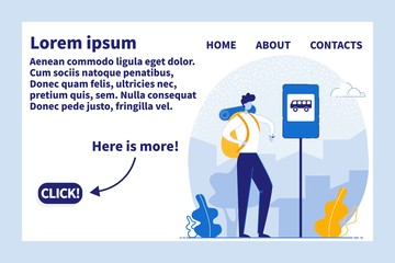 Man Cartoon Character in Tourists Equipment Going on Trip and Waiting for Transport at Bus Stop. Tourism, Active Lifestyle. Transportation and Tourism Routes Organization. Flat Vector Illustration.