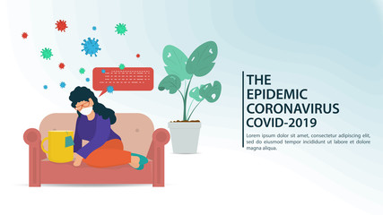banner for decoration COVID-2019 coronavirus pandemic 2019-nCoV little girl in a medical mask sitting on a sofa with a Cup of tea in quarantine flat vector illustration