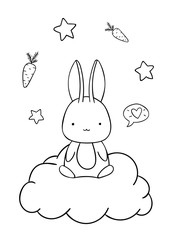 Coloring pages, black and white cute hand drawn bunny on cloud and stars and carrots doodle
