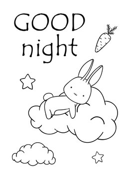 Coloring pages, black and white cute hand drawn bunny, clouds, stars and carrot doodle, lettering dreams