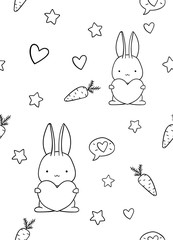 seamless pattern, black and white cute hand drawn bunny, carrot, stars, heart doodle, coloring pages