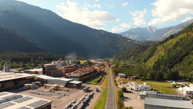 Factory sawmill forest mountains road aerial