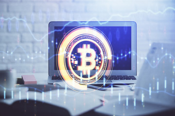 Multi exposure of blockchain and crypto economy theme hologram and table with computer background. Concept of bitcoin cryptocurrency.