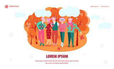 Bright Poster Strong Friendship Cartoon Flat. Flyer Modeling and Development Relations Between Older People. Elderly Men and Women Stand Embracing in Autumn Park. Vector Illustration.