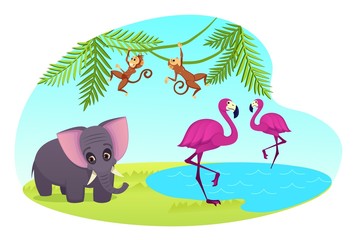 Zoo or Animal Park with Couple of Pink Flamingo Stand on Water Surface, Monkeys Jumping on Palm Tree Branches, Elephant. Exotic Tropical Characters, Decoration Element Cartoon Flat Vector Illustration