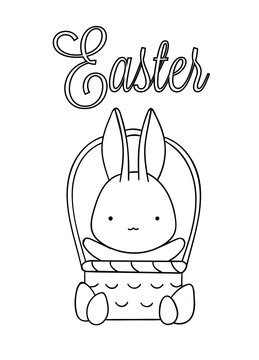 Coloring pages, black and white cute hand drawn bunny in basket with egg doodle, lettering easter