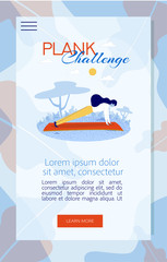 Mobile Flat Landing Page Offering Join to Plank Challenge. Cartoon Sporty Strong Woman Athlete Exercising Outdoors on Fresh Air. Webpage for Gym or Sport Courses Application. Vector Illustration