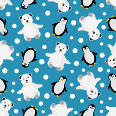 White bear and penguins pattern with falling snow. Childish pattern with white bear, penguins and snow. Winter pattern design