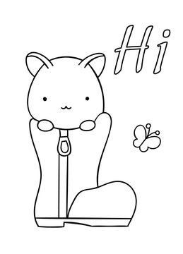 Coloring Pages, Black And White Cute Hand Drawn Cat In Boot And Butterfly Doodle, Lettering Hi