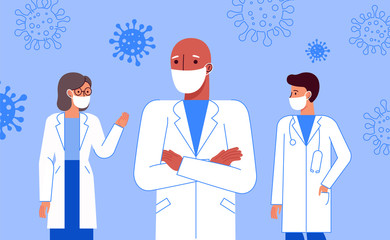 Vector illustration in flat simple style with characters - novel coronavirus concept, covid-19 - medical team wearing masks