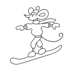 Snowboarding mouse in winter clothes. Handwork. Line Drawing Symbol. Symbol of the new year 2020.