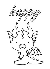 Coloring pages, black and white cute hand drawn dragon doodles, lettering happy