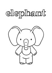 Coloring pages, black and white cute hand drawn elephant doodles, lettering elephant