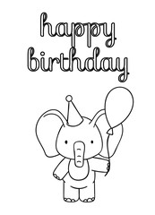 Coloring pages, black and white cute hand drawn elephant with air balloon doodles, lettering happy birthday