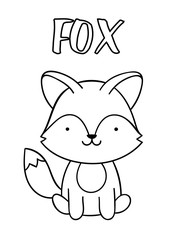 Coloring pages, black and white cute hand drawn fox doodles, lettering fox