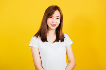 woman teen standing wear t-shirt smile white teeth