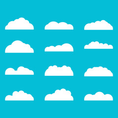 Set of diffenrent cloud icons in flat design isolated on blue background. Cloud symbol for your web etc