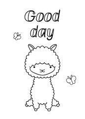 Coloring pages, black and white cute hand drawn llama and butterfly doodles, lettering good day