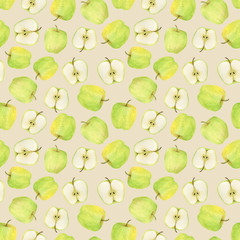 Watercolor seamless pattern. Apples on a beige background. Design for fabric, wallcovering, postcard, invitations, paper for scrapbooking or wrapping paper.