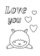 Coloring pages, black and white cute hand drawn llama and heart doodles, lettering love you