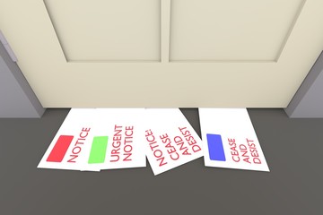 Cease and desist letter. Mail under door. 3d illustration.