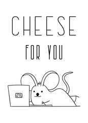 Coloring pages, black and white cute hand drawn mouse doodles, lettering cheese for you