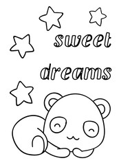 Coloring pages, black and white cute hand drawn panda and stars doodles, lettering sweet dreams