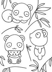 seamless pattern, black and white cute hand drawn panda doodle, coloring pages, print