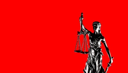 Justitia, the Roman goddess of Justice with red background. Panoramic image with copy space.