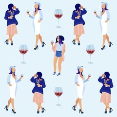 Women in Casual and Elegant Clothing Holding Glasses with Red Wine and Talking Seamless Pattern Flat Cartoon Vector Illustration. Girl Characters Friends Drinking and Communicating.