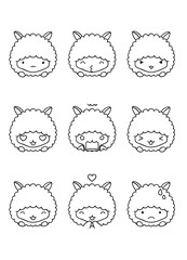 Coloring pages, black and white cute hand drawn emotion llama doodles, isolated