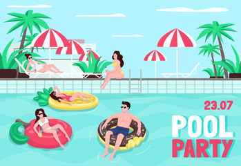 Obraz na płótnie Canvas Pool party poster flat vector template. Man on inflatable ring. Woman floating on air mattress. Brochure, booklet one page concept design with cartoon characters. Poolside flyer, leaflet
