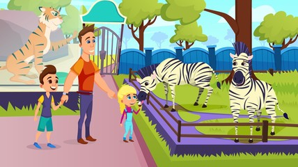 Father with Little Kids Visiting Animal Park, Children Feeding Zebra with Ice Cream in Zoo, Happy Family Excursion, Summer Time Vacation Activity, Leisure, Outdoors. Cartoon Flat Vector Illustration