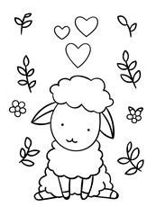 Coloring pages, black and white cute hand drawn sheep and hearts doodles, print