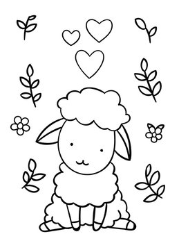 Coloring pages, black and white cute hand drawn sheep and hearts doodles, print