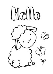 Coloring pages, black and white cute hand drawn sheep and butterfly doodles, lettering hello, print