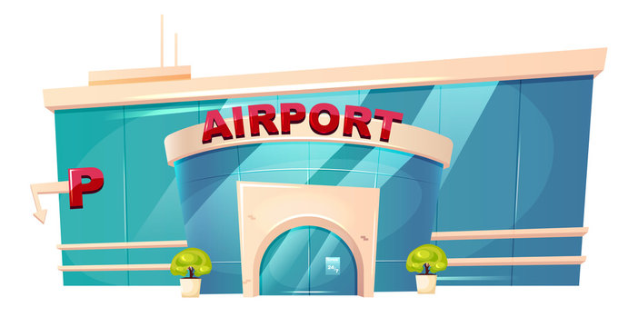 Airport exterior cartoon vector illustration. Airfield terminal entrance flat color object. Place for flight departure. Transportation station. Glass urban building isolated on white background