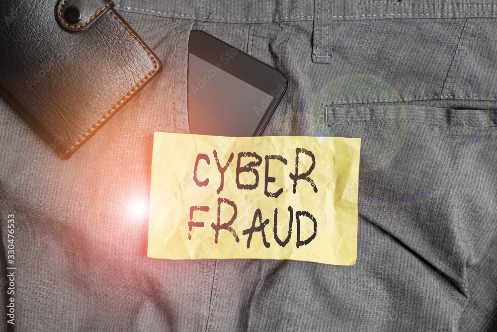 Poster writing note showing cyber fraud. business concept for any crime that is committed with the use of a