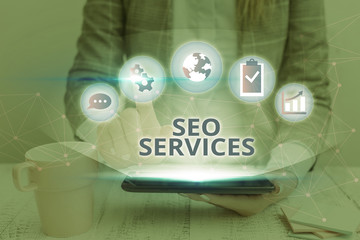 Conceptual hand writing showing Seo Services. Concept meaning suite of techniques and procedures to...