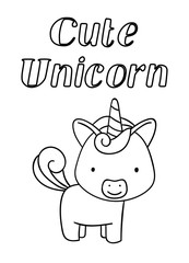 Coloring pages, black and white cute hand drawn unicorn doodles, lettering cute unicorn, print