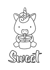 Coloring pages, black and white cute hand drawn unicorn with juice doodles, lettering sweet, print