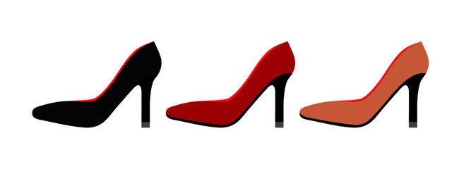 Demi-season women's shoes. Fashionable high heel shoes. Women's boats in classic colors: black, beige and red. Vector graphics.