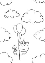 seamless pattern, black and white cute hand drawn unicorn and cloud doodle, coloring pages, print