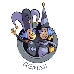 Obraz premium Gemini zodiac sign people flat cartoon vector illustration. Twins in jester hat, astrological symbol personality. Ready to use 2d character for commercial, printing design. Isolated concept icon