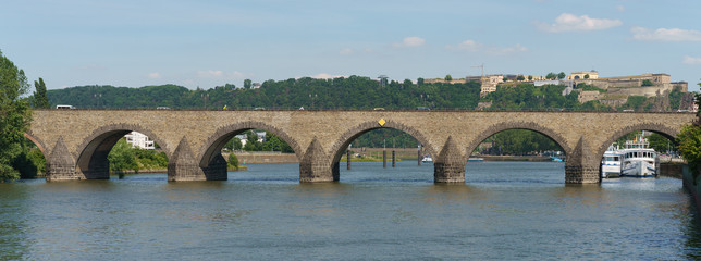 Photography of the Baldwin Bridge in Koblenz in Germany: Balduinbrucke. Medieval stone bridge in...