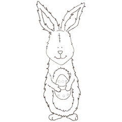 Ester bunny outline.Cute rabbit whith egg in cartoon outline style isolated on white background.Doodle hand drawn illustration.Easter rabbit.Coloring book. Logo farmers market. Print t shirt