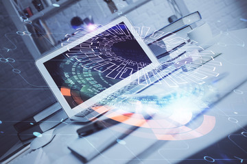 Fototapeta premium Technology theme drawing and work space with computer. Double exposure. Concept of innovation.